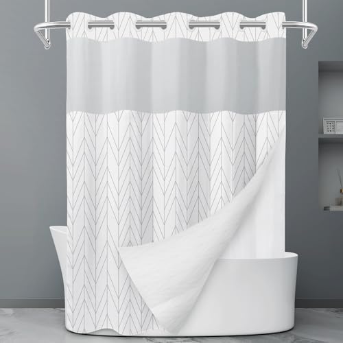 LXBNI Chevron No Hook Shower Curtain with Liner, Grey White 71 x 74