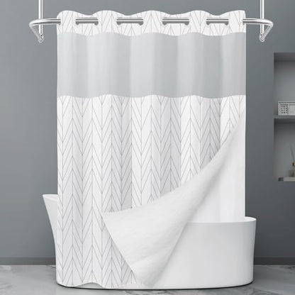 LXBNI Chevron No Hook Shower Curtain with Liner, Grey White 71 x 74