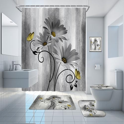 Onalasyc 4PCS Grey Daisy Floral Bathroom Sets with Shower Curtain and Rugs