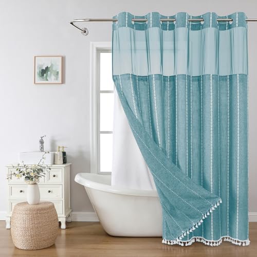 eachope Extra Long No Hook Shower Curtain with Snap-in Liner,71x86,Teal