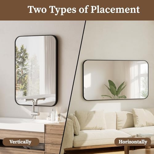 BEAUTYPEAK 20" x 28" Rectangular Aluminum Alloy Frame Wall Mounted Bathroom Mirror with Rounded Corners, Black
