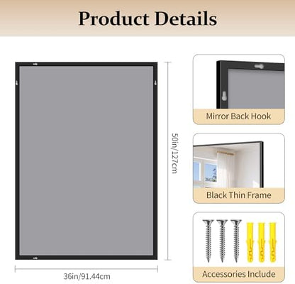 COFENY 36x50inch Bathroom Mirror, Black Rectangle Mirrors with Thin Metal Frame, Large Rectangular Wall Mirror for Bathroom, Living Roomm, Hair Salon, Big Farmehouse Mirror Hang Horizontal/Vertical