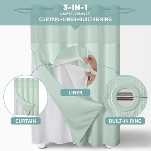 No Hook Waffle Shower Curtain with Snap-in Liner, 71x77 Inch, Mint Green