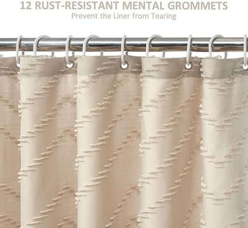 Siiluminisoy Extra Long Beige Boho Shower Curtain with Tassel, Woven Fabric 90 in, Tufted Chevron Striped, 72 x 90, Modern Chic Textured Minimalist Bathroom