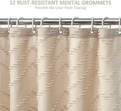 Siiluminisoy Extra Long Beige Boho Shower Curtain with Tassel, Woven Fabric 90 in, Tufted Chevron Striped, 72 x 90, Modern Chic Textured Minimalist Bathroom