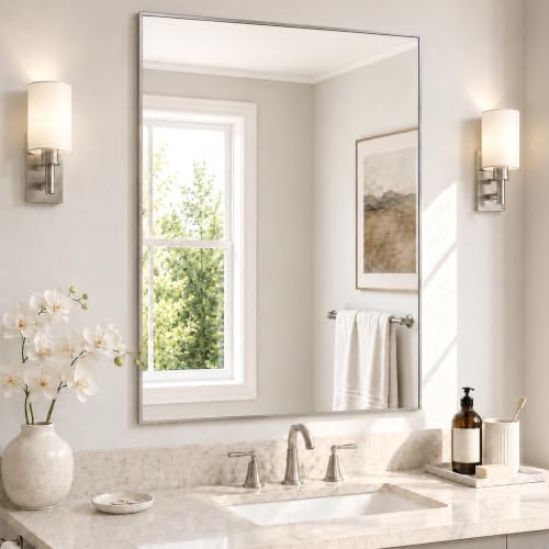 30"x36" Brushed Nickel Framed Rectangle Bathroom Vanity Wall Mirror