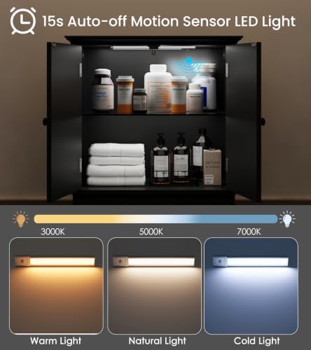 HAIOOU Bathroom Floor Cabinet with Motion Sensor Light - Black