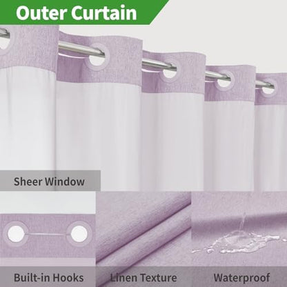 eachope No Hook Fabric Shower Curtain with Snap-in Liner,71x74 Lavender