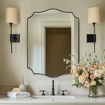 ANDY STAR Matte Black Mirror, 24x36 Inch Scalloped Bathroom Mirror, Unique Wavy Rectangle Mirror in Stainless Steel Metal 1” Frame, Wall Mount Vertical or Horizontal