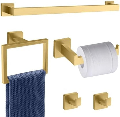 5 Piece Gold Towel Bar Set Bathroom Hardware Set Gold Bathroom Accessories Set with 2 Towel Hook, Stainless Steel Wall Mounted Bathroom Towel Rack Set Square 16-Inch