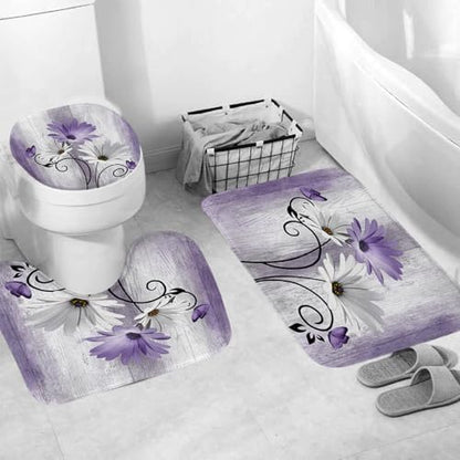 Onalasyc 4PCS Purple Daisy Bathroom Sets with Shower Curtain and Rugs