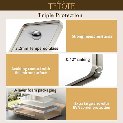 TETOTE 55 x 36 Inch Brushed Nickel Mirror Metal Framed Bathroom Mirror, Tempered Glass, Modern Farmhouse Wall Mounted Mirror for Decorative(Horizontal/Vertical)