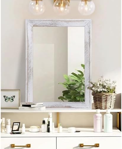 AAZZKANG Mirrors for Wall Rustic Wood Framed Hanging Mirror 26"x18" Decorative for Farmhouse Bedroom Bathroom Living Room Entryway Hallway White