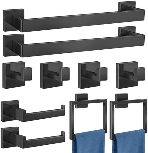 Gypie Bathroom Accessories Set Wall Mounted, 10-Piece 16In Matte Black