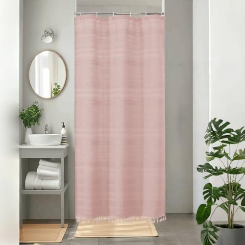 OVZME Small Stall Shower Curtain - Linen Textured Bathroom Curtain with Boho Tassel, Heavy Duty Farmhouse Bath Decor for RV Camper, Machine Washable, 36Wx72L Inches, Pink