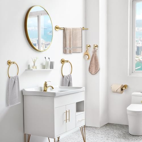 TQKAG Brushed Gold Bathroom Hardware Set 6-Piece Bathroom Accessory Set 23.6 Inch Round Stainless Steel Towel Bar Set Wall Mounted