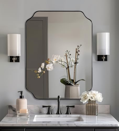 ANDY STAR 22X30 Inch Matte Black Scalloped Mirrors for Bathroom Sink