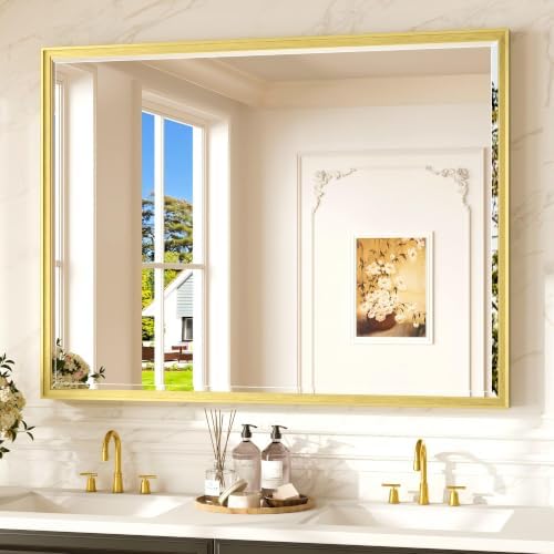 Keonjinn 48" x 36" Gold Bathroom Vanity Mirror, Safe HD Tempered Glass