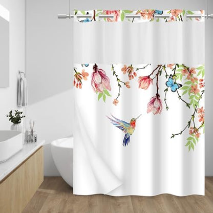 WITHLOC No Hook Floral Shower Curtain with Liner, Pink, 71x86