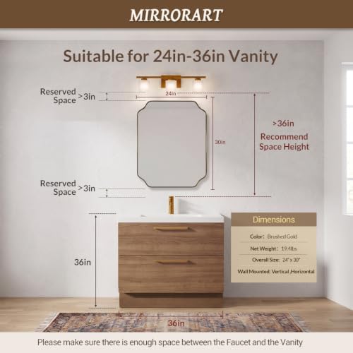 MIRRORART 24x30’’ Gold Bathroom Mirror, Scalloped Mirrors for Bathroom Sink, Notched Corner Rectangle Mirror in 1’’ Premium Stainless Steel Metal Frame Home Remodel Wall Mount Vertical/Horizontal