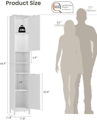 HAIOOU Tall Narrow Bathroom Storage Cabinet with Light for Small Spaces