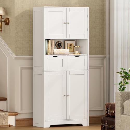 Iwell Tall Storage Cabinet with Adjustable Shelf & 2 Drawers, Kitchen Pantry Cabinet, Pantry Cabinets with 4 Doors, Tall Cabinets for Living Room, Kitchen, Bathroom, White