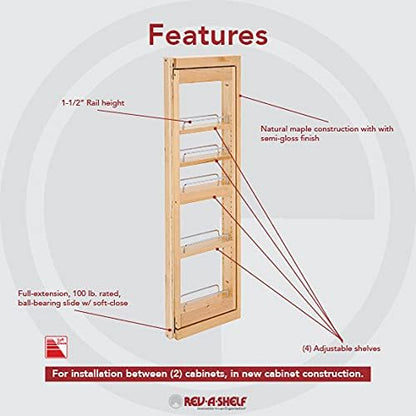 Rev-A-Shelf Kitchen Cabinet Pull Out Wall Filler Wooden Organizer Slide Out Pantry Storage w/Soft-Close in Multiple Sizes, 3 x 39 in, 432-WFBBSC39-3C