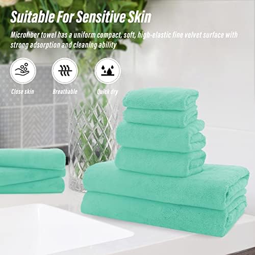 MOONQUEEN Ultra Soft Microfiber Coral Velvet Towel Set - Quick Drying, 2 Bath Towels, 2 Hand Towels, 2 Washcloths - Aqua Green, 6 Pcs