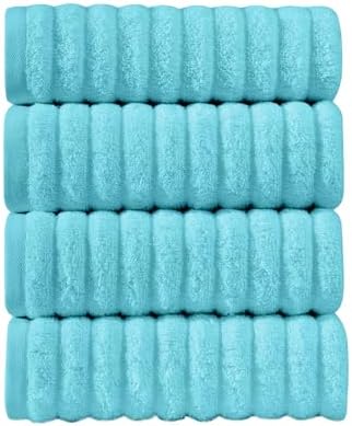 Elegant Comfort Luxury 100% Turkish Cotton Corduroy Ribbed 4 Pack Hand Towel Set 16 x 28 Inch - Absorbent, Super Soft, Quick Dry, Premium Towels for Bathroom, Gym, Spa and Hotel Use, Aqua