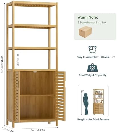 HIFIT 6-Tier Bamboo Book Shelves with 2 Door, Tall Bathroom Storage Cabinet