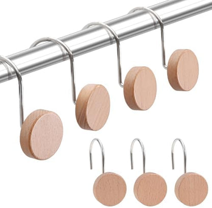 Wood Shower Curtain Hooks Rust Proof, Boho Shower Curtain Hooks Decorative, 24 Pack Shower Hooks for Shower Curtain, Shower Curtain Hangers Hooks (Wood,24)