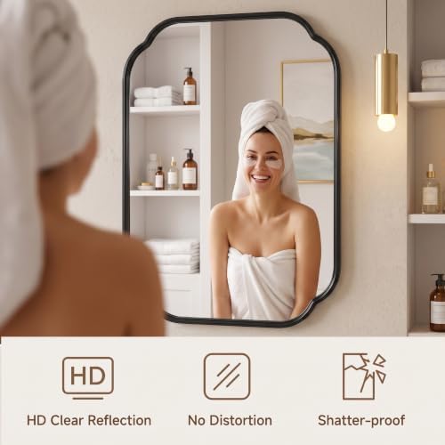 24"x18" Black Scalloped Mirror for Bathroom, Rust-Proof Metal Frame