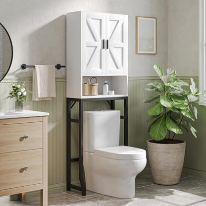 USHOWER White Over The Toilet Storage Cabinet with Barn Doors