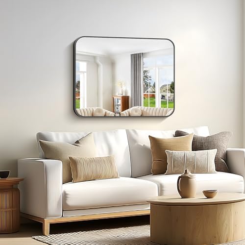 Bathroom Mirror, 30 x 24 inch Metal Framed Black Rectangle Mirror, Rounded Corner Rectangular Vanity Mirror, Wall Mounted Mirror for Modern Bedroom Living Room Hangs Horizontal or Vertical