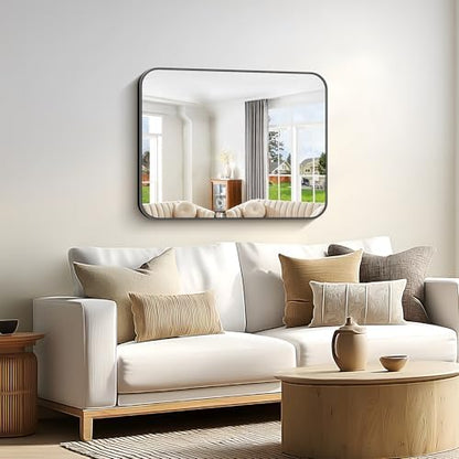 Bathroom Mirror, 30 x 24 inch Metal Framed Black Rectangle Mirror, Rounded Corner Rectangular Vanity Mirror, Wall Mounted Mirror for Modern Bedroom Living Room Hangs Horizontal or Vertical