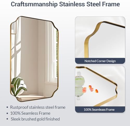 MIRRORART Gold Bathroom Mirror 24x36 Inch, Scalloped Mirrors for Bathroom Sink, Notched Corner Rectangle Mirror in 1’’ Stainless Steel Metal Frame Home Remodel Wall Mount Vertical/Horizontal