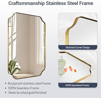 MIRRORART Gold Bathroom Mirror 30x40 Inch, Scalloped Brass Mirrors for Bathroom Sink, Notched Corner Rectangle Mirror in 1’’ Stainless Steel Metal Frame Home Remodel Wall Mount Vertical/Horizontal
