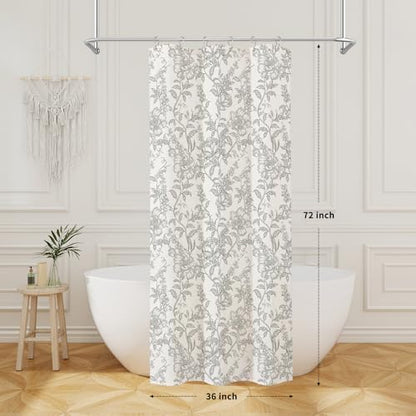 Grey Boho Linen Fabric Shower Curtain , Farmhouse Floral For Bathroom