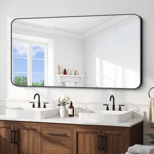 BONEWEI 66x36 inch Large Bathroom Mirror,Black Rectangle Mirror,Wall Mounted Bathroom Frame Vanity Mirror with Round Corner for Bedroom Living Room, Entryway Hangs Horizontal or Vertical