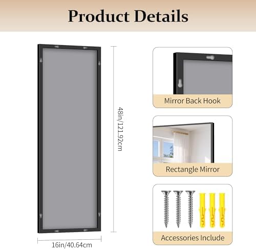 COFENY Black Bathroom Mirror for Wall, 16x48 Inch Rectangle Mirror with Metal Frame, Modern Vanity Mirrors for Bathroom Living Room, Entryway Hangs Horizontal or Vertical