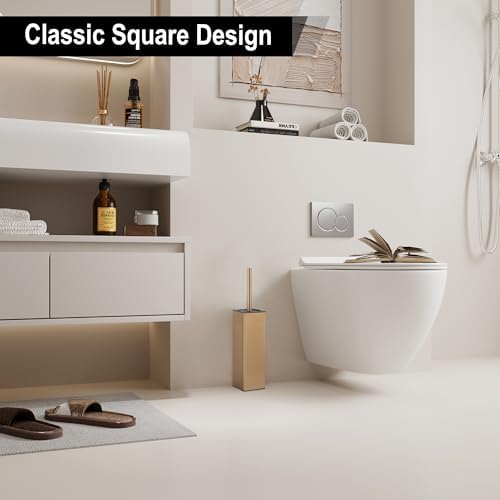 BGL Toilet Brush with Holder for Bathroom Matte Brushed Brass Aluminium Standing for Bathroom Toilet Bowl Cleaner Brush and Holder Set, Square Design