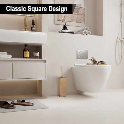 BGL Toilet Brush with Holder for Bathroom Matte Brushed Brass Aluminium Standing for Bathroom Toilet Bowl Cleaner Brush and Holder Set, Square Design