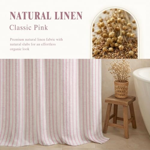 Farmhouse Striped Shower Curtain Pink Vintage Linen Curtain 72"W X 72"L