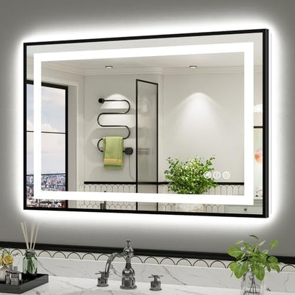 44x30 Inch LED Bathroom Mirror with Black Frame, Backlit & Front Lit