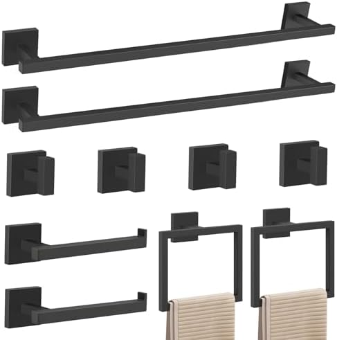 YACVCL Matte Black Towel Bar Set 10-Piece Bathroom Hardware Accessories Set,Black Bathroom Towel Holder Set 23.6 Inch Towel Bar Stainless Steel Wall Mounted Towel Rack Set