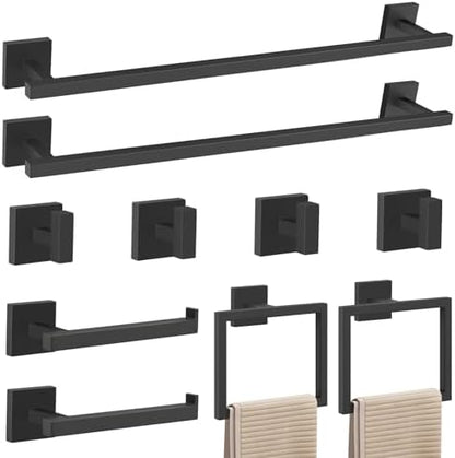 YACVCL Matte Black Towel Bar Set 10-Piece Bathroom Hardware Accessories Set,Black Bathroom Towel Holder Set 23.6 Inch Towel Bar Stainless Steel Wall Mounted Towel Rack Set
