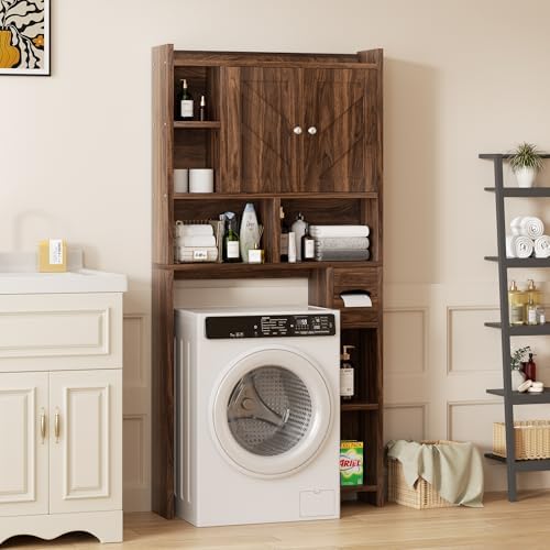 Shintenchi Over the Toilet Storage Cabinet, Bathroom Storage Cabient with Barn Doors, Bathroom Storage Shelf Organizer with Toilet Paper Holder, Adjustable Shelf and Anti-Tip Device, Walnut