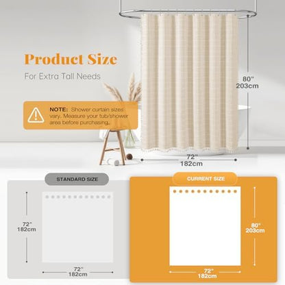 BTTN 72x80 Boho Farmhouse Linen Heavy Duty Shower Curtain Set, Cream/Beige
