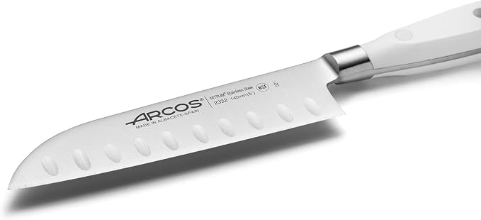 Arcos Santoku Knife Forged Blade Stainless Steel NITRUM 140mm, POM Handle White, Resistant to Extreme Temperatures and Chemicals, Riviera Blanc Series