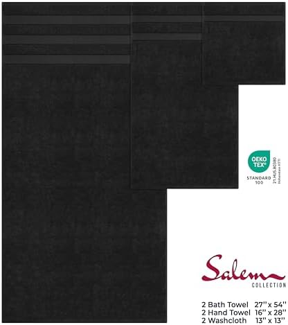 American Soft Linen Salem Turkish Bath Towel Set, 100% Cotton 600 GSM 6 Piece Towels for Bathroom, 2 Bath Towels 2 Hand Towels 2 Washcloths, Black